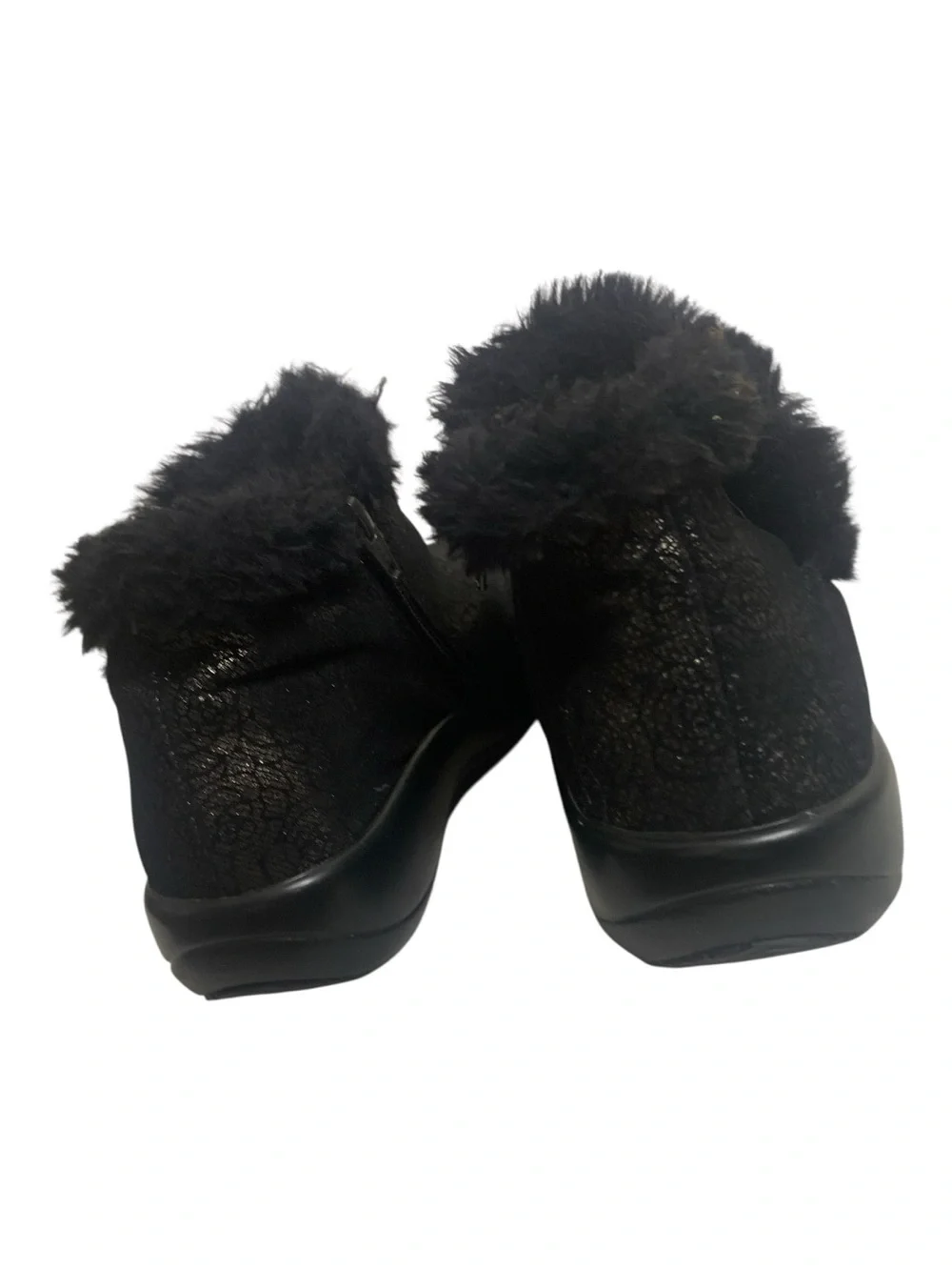 Alegria Meri Black Florette Roses Leather Ankle Boots Faux Fur Trim  36W/5.5-6W